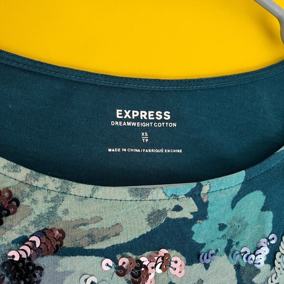 Express Dreamweight Cotton Floral Sequin Shirt, Turquoise, Size XS - Picture 3 of 7